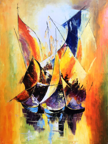 Malerei mit dem Titel "Still Water Sailboa…" von Malinga Kumarasinghe, Original-Kunstwerk, Acryl Auf Keilrahmen aus Holz mon…