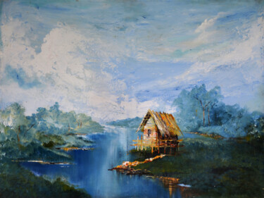 Painting titled "Lake by Night" by Malinga Kumarasinghe, Original Artwork, Acrylic Mounted on Wood Stretcher frame