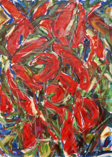 Painting titled "Red peppers 1" by Malka Jacobov Zamir, Original Artwork, Oil