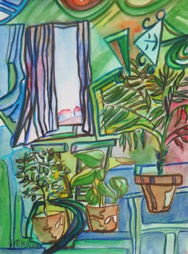 Peinture intitulée "vue-sur-les-toits-2…" par Patricia Malka, Œuvre d'art originale, Encre