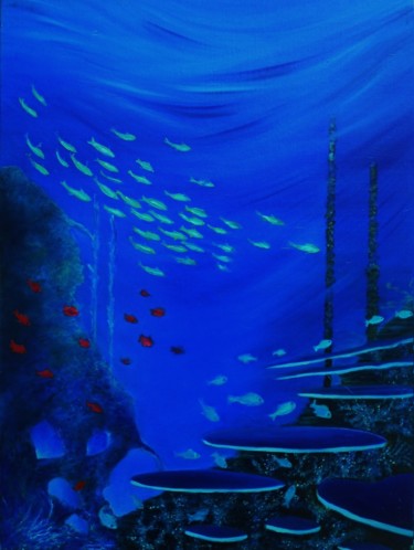 Painting titled "Underwater" by Patricia Malka, Original Artwork, Oil Mounted on Wood Stretcher frame