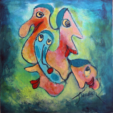 Painting titled "Faces under evening…" by Malka Tsentsiper, Original Artwork, Acrylic Mounted on Wood Stretcher frame