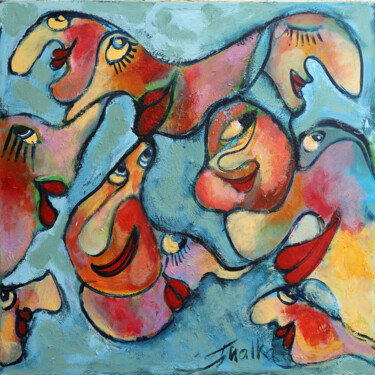 Painting titled "Faces in crowd" by Malka Tsentsiper, Original Artwork, Acrylic Mounted on Wood Stretcher frame