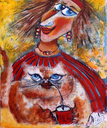 Painting titled "my-cat-and-cup-of-m…" by Malka Tsentsiper, Original Artwork, Acrylic