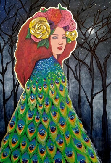 Painting titled "Femme paon" by Mallory Ramet, Original Artwork, Acrylic Mounted on Wood Stretcher frame
