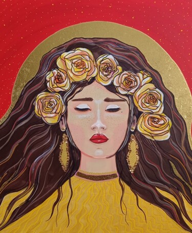 Painting titled "roses jaunes" by Mallory Ramet, Original Artwork, Acrylic Mounted on Wood Stretcher frame