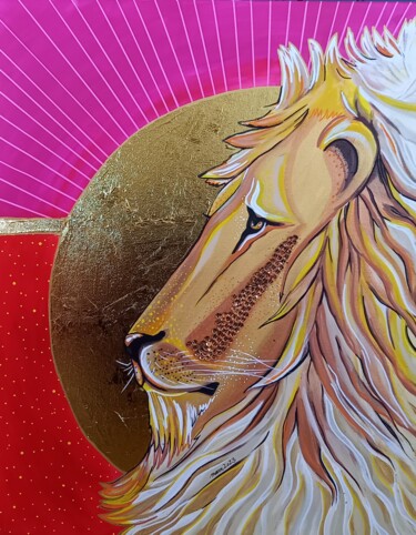 Malarstwo zatytułowany „LION” autorstwa Mallory Ramet, Oryginalna praca, Akryl Zamontowany na Drewniana rama noszy