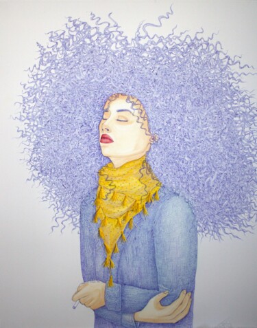 Drawing titled "Foulard" by Mallory Ramet, Original Artwork, Ballpoint pen Mounted on Wood Stretcher frame