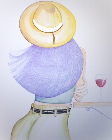 图画 标题为“Verre de vin” 由Mallory Ramet, 原创艺术品, 圆珠笔 安装在木质担架架上