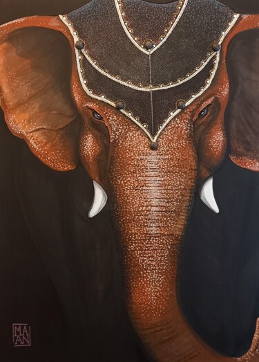 Schilderij getiteld "Elephant" door Mallory Ramet, Origineel Kunstwerk, Acryl Gemonteerd op Frame voor houten brancard