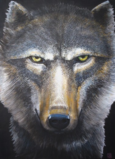 Painting titled "LOUP 2020" by Mallory Ramet, Original Artwork, Acrylic Mounted on Wood Stretcher frame