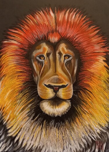 Painting titled "Lion 2020" by Mallory Ramet, Original Artwork, Acrylic Mounted on Wood Stretcher frame