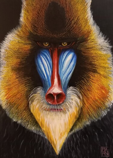Painting titled "Mandrill" by Mallory Ramet, Original Artwork, Acrylic Mounted on Wood Stretcher frame