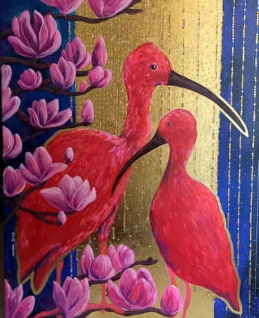 Painting titled "IBIS ROUGE" by Mallory Ramet, Original Artwork, Acrylic Mounted on Wood Stretcher frame