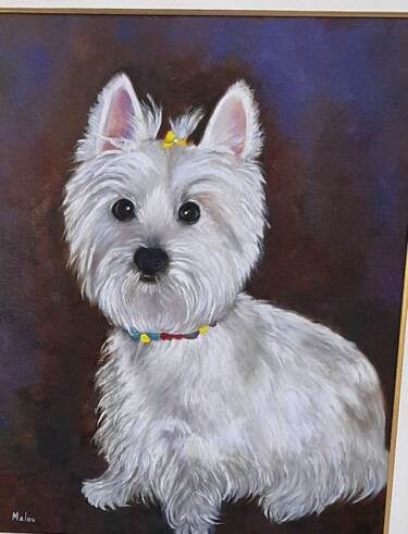 Painting titled "Flora ,.minha westie" by Malou Pombo, Original Artwork, Oil Mounted on artwork_cat.