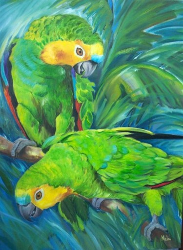 Malerei mit dem Titel "Papagaios" von Malou Pombo, Original-Kunstwerk, Öl