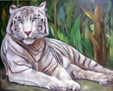 Painting titled "Tigre branco" by Malou Pombo, Original Artwork, Oil