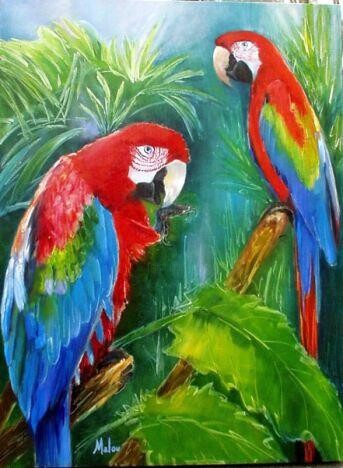 Peinture intitulée "Araras vermelhas" par Malou Pombo, Œuvre d'art originale, Huile