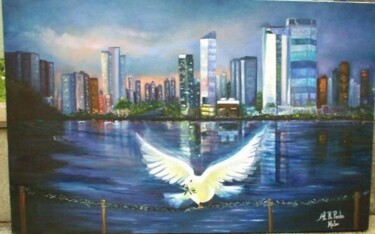 Painting titled "Paz ao anoitecer" by Malou Pombo, Original Artwork, Oil