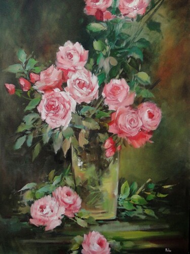 Pittura intitolato "Rosas em vaso de vi…" da Malou Pombo, Opera d'arte originale, Olio