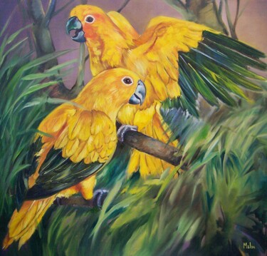 Malerei mit dem Titel "Ararajubas" von Malou Pombo, Original-Kunstwerk, Öl