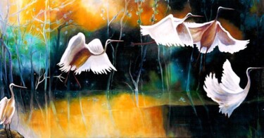 Pittura intitolato "Revoada no Pantanal" da Malou Pombo, Opera d'arte originale, Olio