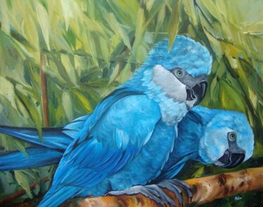 Malerei mit dem Titel "Ararinhas azuis" von Malou Pombo, Original-Kunstwerk, Öl