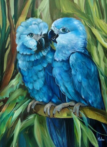 Painting titled "Ararinha azul" by Malou Pombo, Original Artwork, Oil