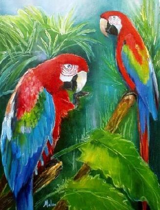Malerei mit dem Titel "Araras vermelhas" von Malou Pombo, Original-Kunstwerk, Öl