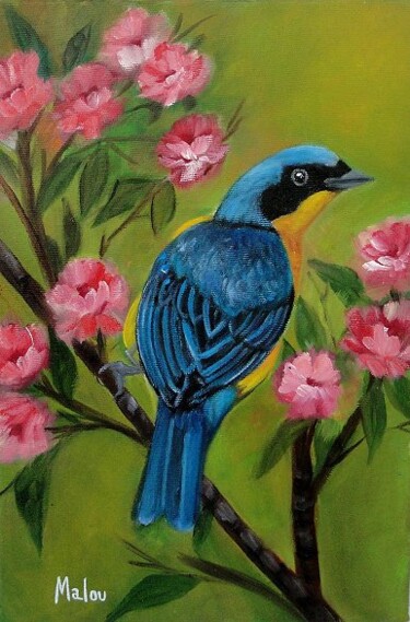 Peinture intitulée "Passarinho azul" par Malou Pombo, Œuvre d'art originale, Huile
