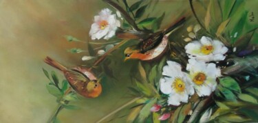Pintura intitulada "passarinhos 1" por Malou Pombo, Obras de arte originais, Óleo