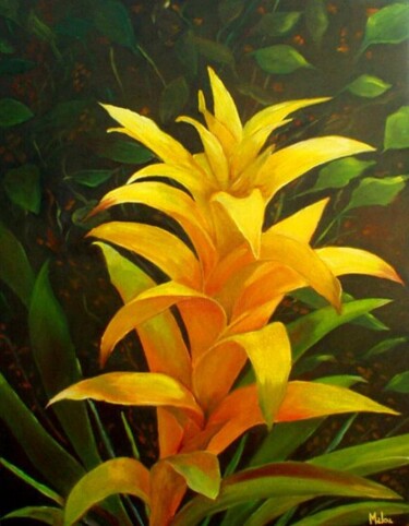 Pintura intitulada "Bromélia amarela" por Malou Pombo, Obras de arte originais, Óleo