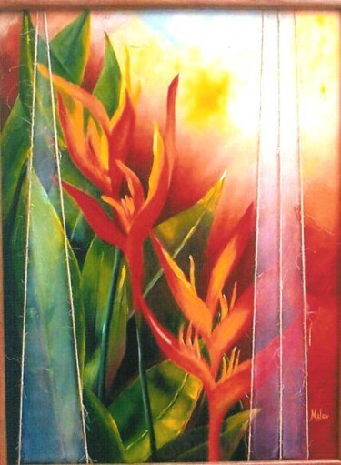 Painting titled "Heliconias laranja" by Malou Pombo, Original Artwork, Oil