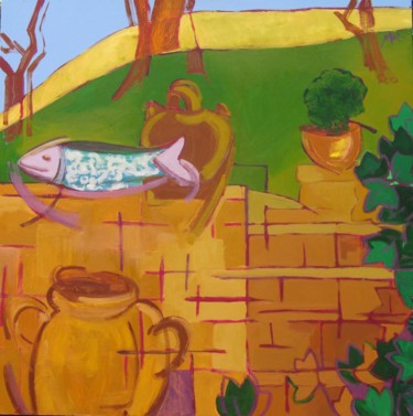 Painting titled "Staircase and Fishb…" by Malu Ribeiro, Original Artwork, Acrylic