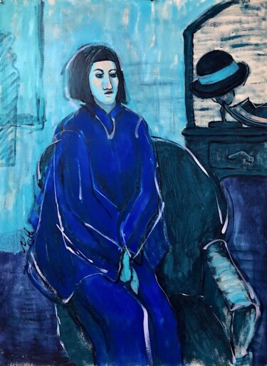 Drawing titled "WOMAN IN BLUE at th…" by Malu Ribeiro, Original Artwork, Acrylic
