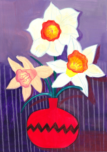 Painting titled "three daffodils" by Malwina Jachimczak (malvinadesignature), Original Artwork, Gouache