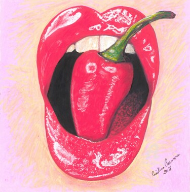 Zeichnungen mit dem Titel "Red lips and Chilli…" von Maman Aigle, Original-Kunstwerk, Marker
