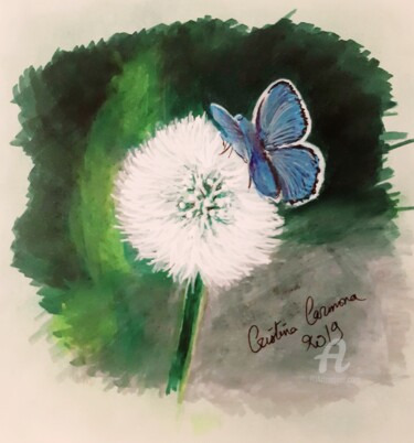 Dessin intitulée "Le papillon bleu" par Maman Aigle, Œuvre d'art originale, Marqueur