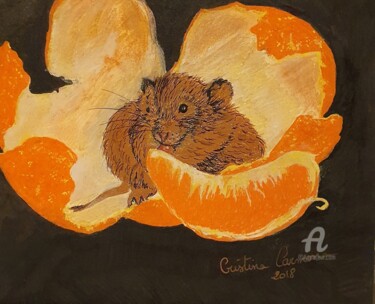 Drawing titled "Souris et orange" by Maman Aigle, Original Artwork, Marker