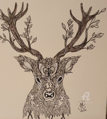 Drawing titled "Totem Cerf" by Maman Aigle, Original Artwork, Marker