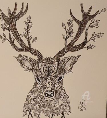 Dessin intitulée "Totem Cerf" par Maman Aigle, Œuvre d'art originale, Marqueur