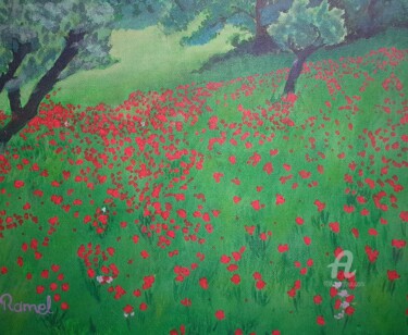 Painting titled "champs de coquelico…" by Maman Aigle, Original Artwork, Acrylic