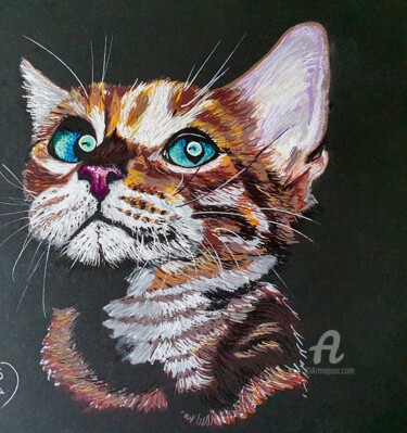 Drawing titled "Chat tigré" by Maman Aigle, Original Artwork, Marker