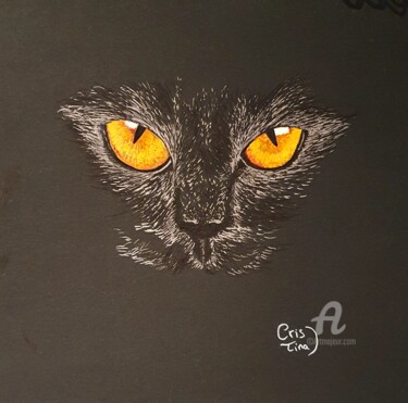 Dessin intitulée "Yeux de chat - Or" par Maman Aigle, Œuvre d'art originale, Marqueur