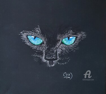 Dessin intitulée "Yeux de chat - Bleu" par Maman Aigle, Œuvre d'art originale, Marqueur