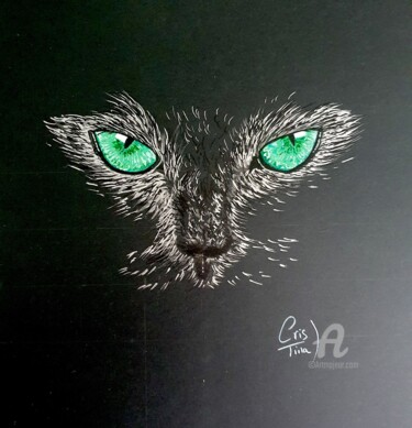 Dessin intitulée "Yeux de chat - vert" par Maman Aigle, Œuvre d'art originale, Marqueur