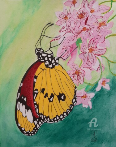 Dibujo titulada "Le papillon et la f…" por Maman Aigle, Obra de arte original, Rotulador