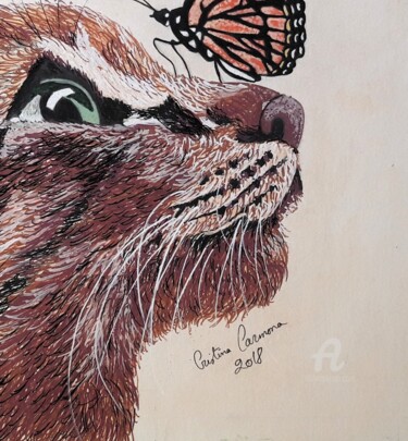 Dessin intitulée "Le chat et le papil…" par Maman Aigle, Œuvre d'art originale, Marqueur