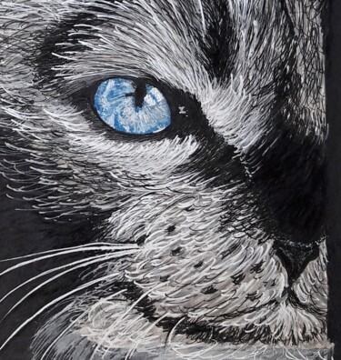 Dessin intitulée "Le regard du chat" par Maman Aigle, Œuvre d'art originale, Marqueur