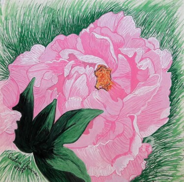 Drawing titled "Pivoine rose" by Maman Aigle, Original Artwork, Marker